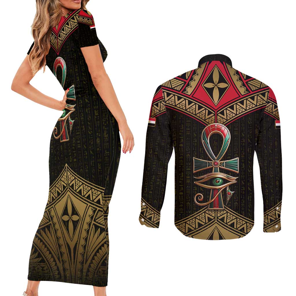Ankh Eye of Horus Egypt Couples Matching Short Sleeve Bodycon Dress and Long Sleeve Button Shirt with Ancient Black Gold Hieroglyph Spirit