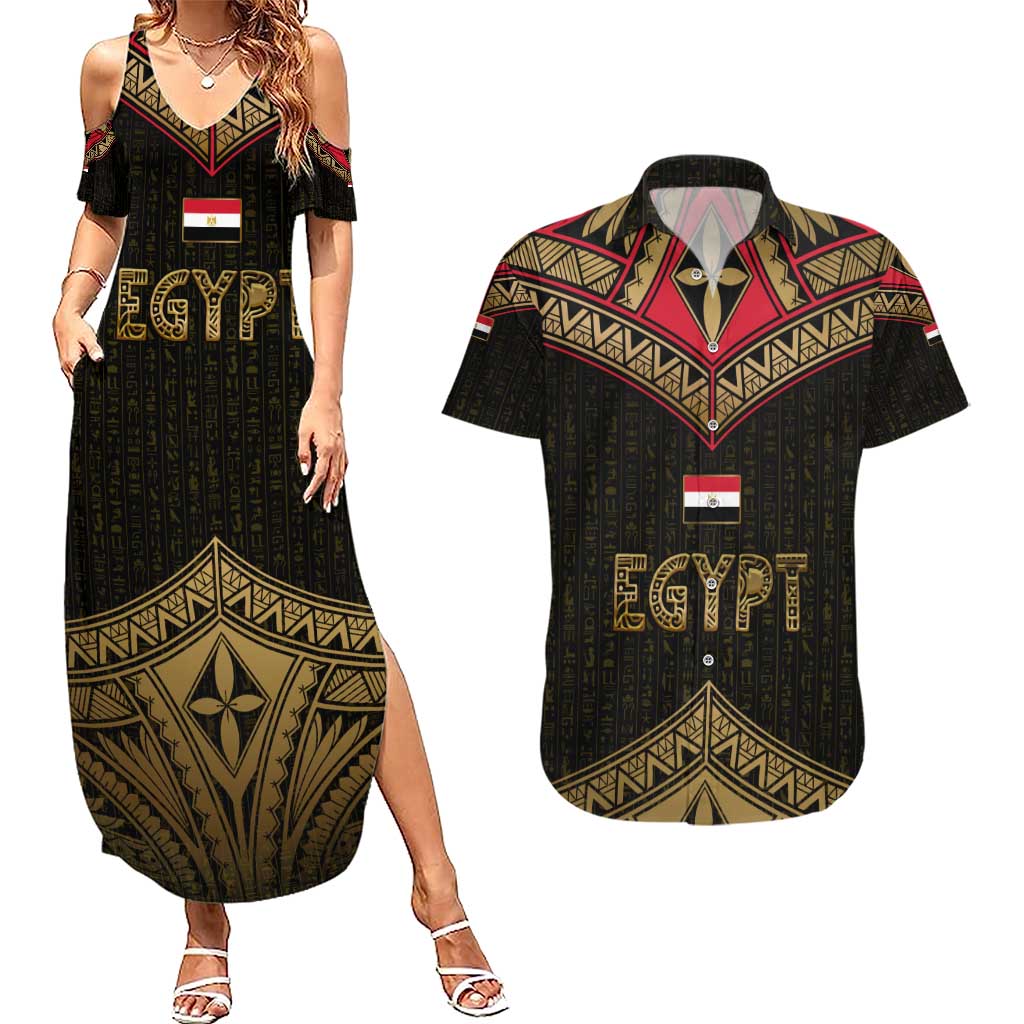 Ankh Eye of Horus Egypt Couples Matching Summer Maxi Dress and Hawaiian Shirt with Ancient Black Gold Hieroglyph Spirit