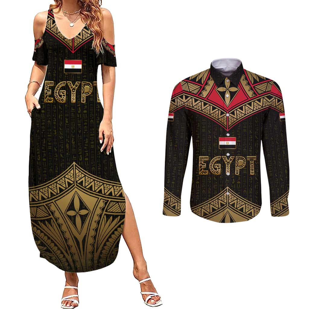 Ankh Eye of Horus Egypt Couples Matching Summer Maxi Dress and Long Sleeve Button Shirt with Ancient Black Gold Hieroglyph Spirit