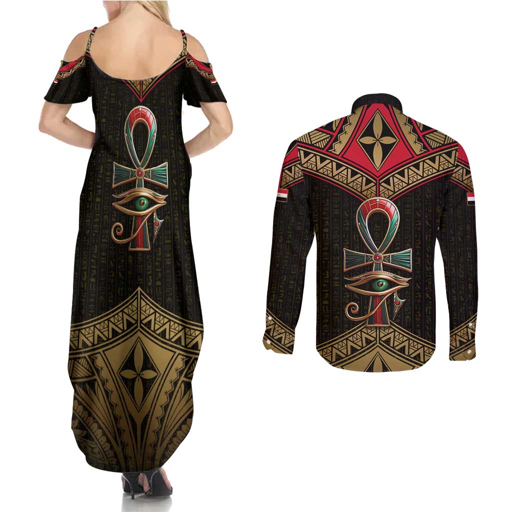 Ankh Eye of Horus Egypt Couples Matching Summer Maxi Dress and Long Sleeve Button Shirt with Ancient Black Gold Hieroglyph Spirit