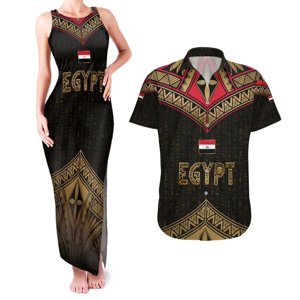 Ankh Eye of Horus Egypt Couples Matching Tank Maxi Dress and Hawaiian Shirt with Ancient Black Gold Hieroglyph Spirit