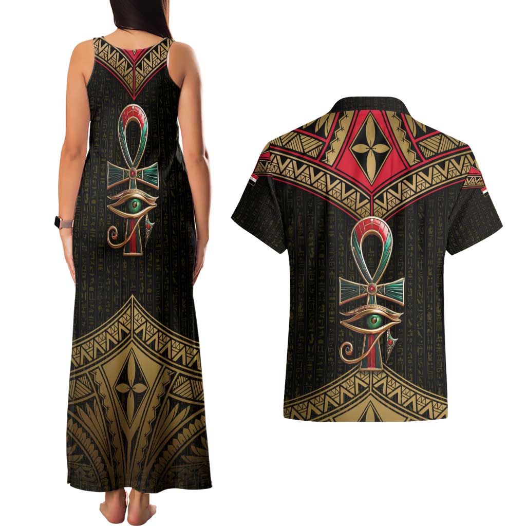 Ankh Eye of Horus Egypt Couples Matching Tank Maxi Dress and Hawaiian Shirt with Ancient Black Gold Hieroglyph Spirit
