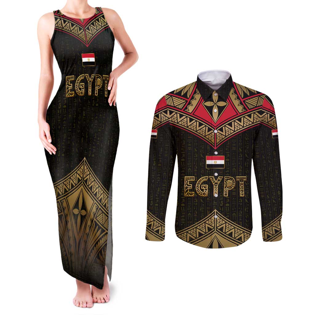 Ankh Eye of Horus Egypt Couples Matching Tank Maxi Dress and Long Sleeve Button Shirt with Ancient Black Gold Hieroglyph Spirit