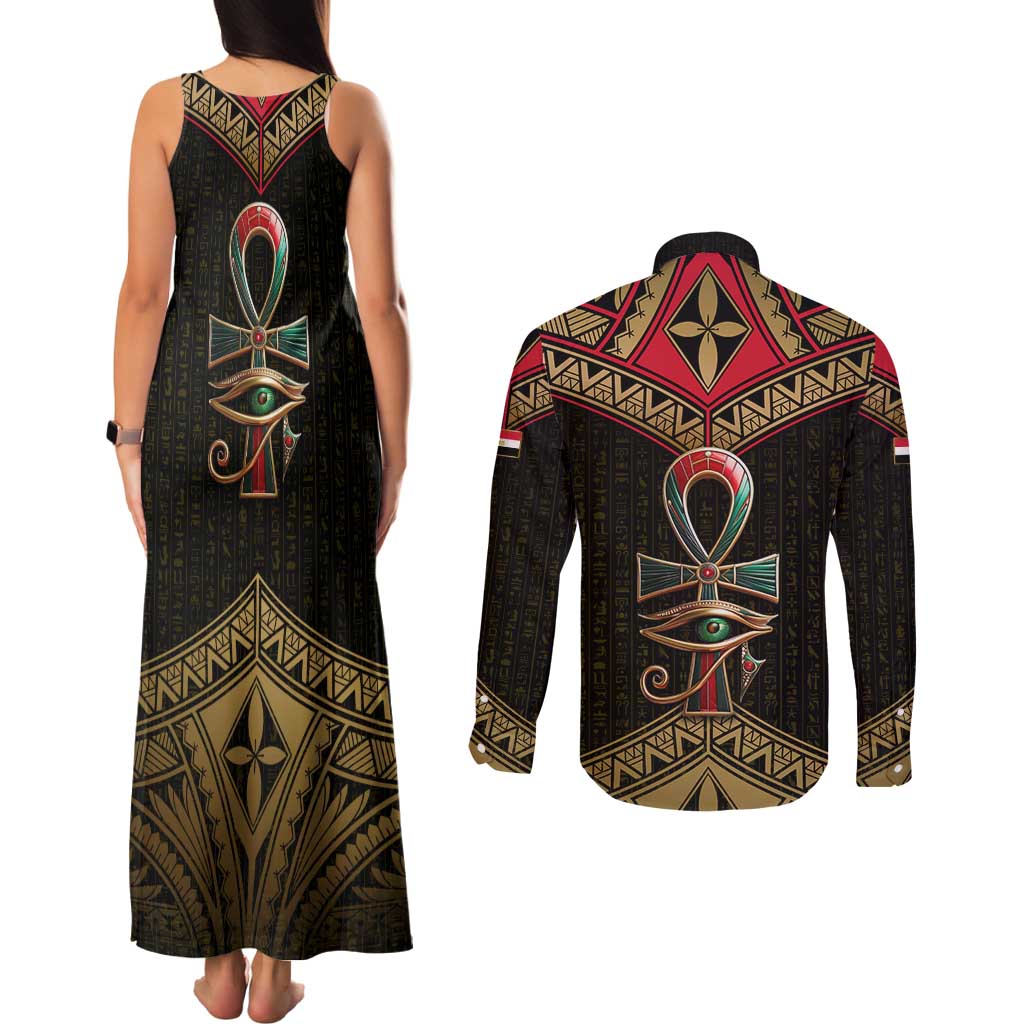 Ankh Eye of Horus Egypt Couples Matching Tank Maxi Dress and Long Sleeve Button Shirt with Ancient Black Gold Hieroglyph Spirit