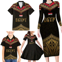 Ankh Eye of Horus Egypt Family Matching Long Sleeve Bodycon Dress and Hawaiian Shirt with Ancient Black Gold Hieroglyph Spirit