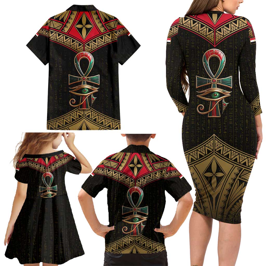 Ankh Eye of Horus Egypt Family Matching Long Sleeve Bodycon Dress and Hawaiian Shirt with Ancient Black Gold Hieroglyph Spirit