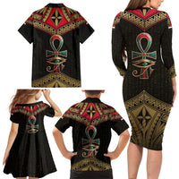 Ankh Eye of Horus Egypt Family Matching Long Sleeve Bodycon Dress and Hawaiian Shirt with Ancient Black Gold Hieroglyph Spirit