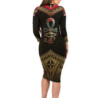 Ankh Eye of Horus Egypt Family Matching Long Sleeve Bodycon Dress and Hawaiian Shirt with Ancient Black Gold Hieroglyph Spirit