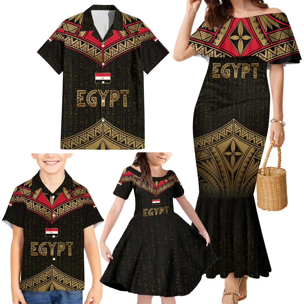 Ankh Eye of Horus Egypt Family Matching Mermaid Dress and Hawaiian Shirt with Ancient Black Gold Hieroglyph Spirit