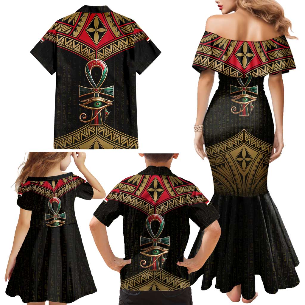 Ankh Eye of Horus Egypt Family Matching Mermaid Dress and Hawaiian Shirt with Ancient Black Gold Hieroglyph Spirit