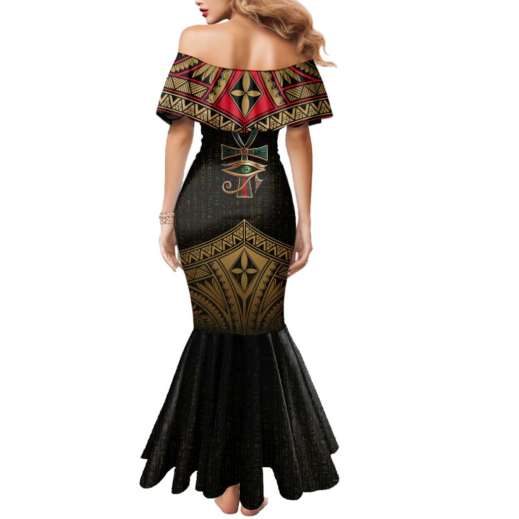 Ankh Eye of Horus Egypt Family Matching Mermaid Dress and Hawaiian Shirt with Ancient Black Gold Hieroglyph Spirit