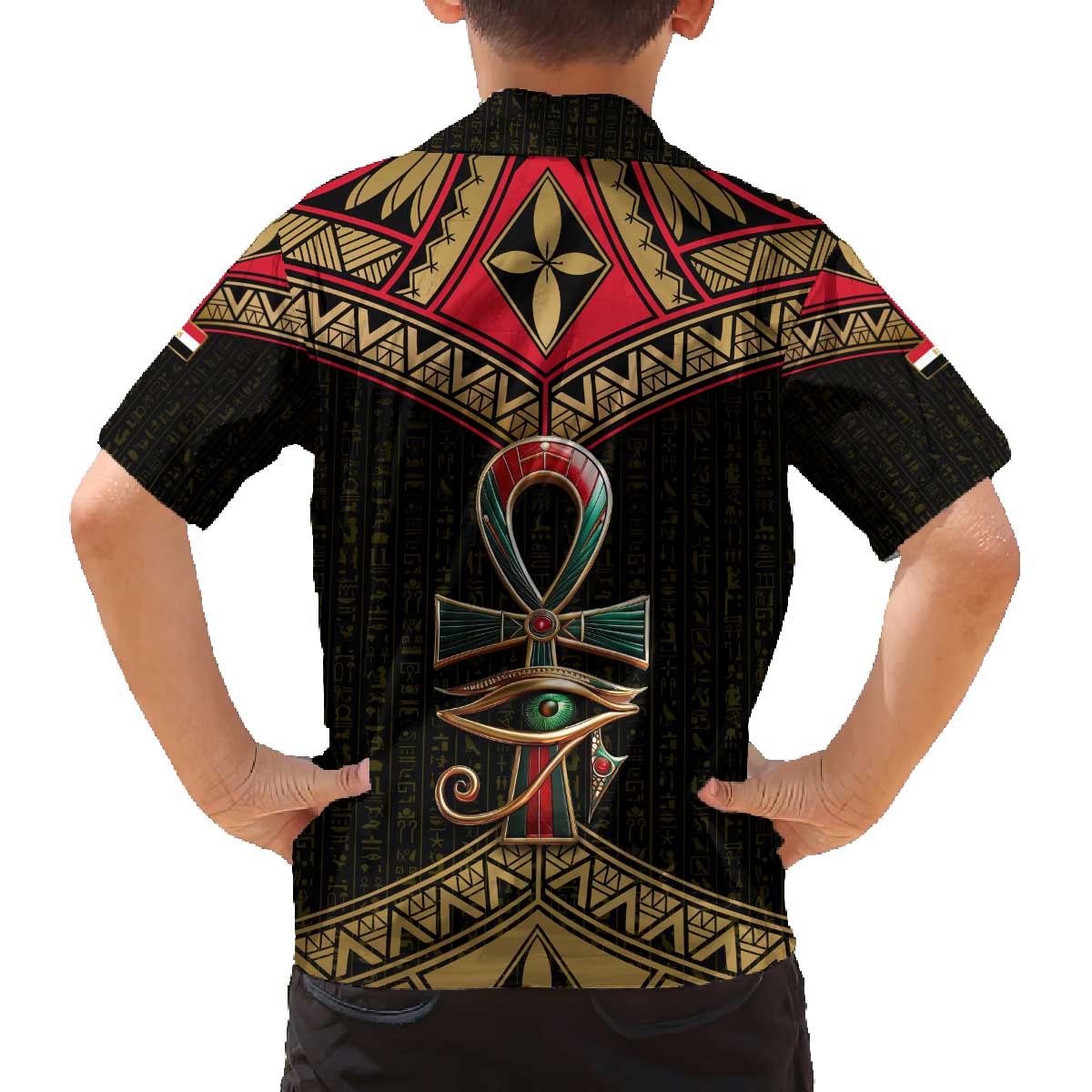 Ankh Eye of Horus Egypt Family Matching Off The Shoulder Long Sleeve Dress and Hawaiian Shirt with Ancient Black Gold Hieroglyph Spirit