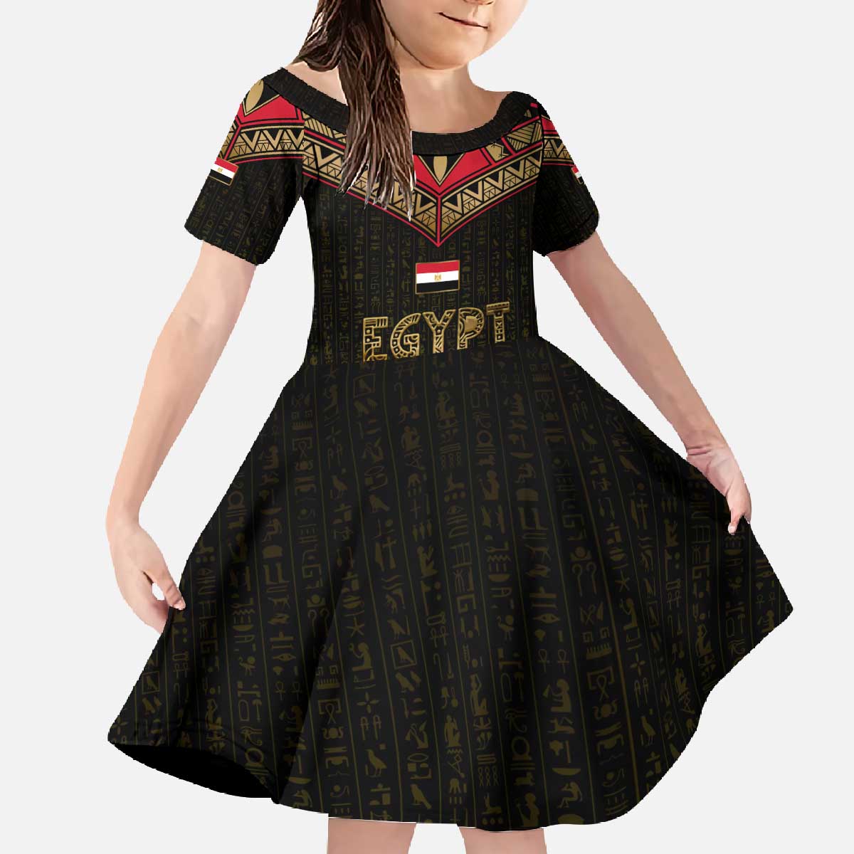 Ankh Eye of Horus Egypt Family Matching Off The Shoulder Long Sleeve Dress and Hawaiian Shirt with Ancient Black Gold Hieroglyph Spirit