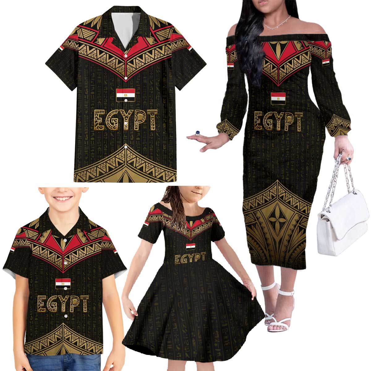Ankh Eye of Horus Egypt Family Matching Off The Shoulder Long Sleeve Dress and Hawaiian Shirt with Ancient Black Gold Hieroglyph Spirit