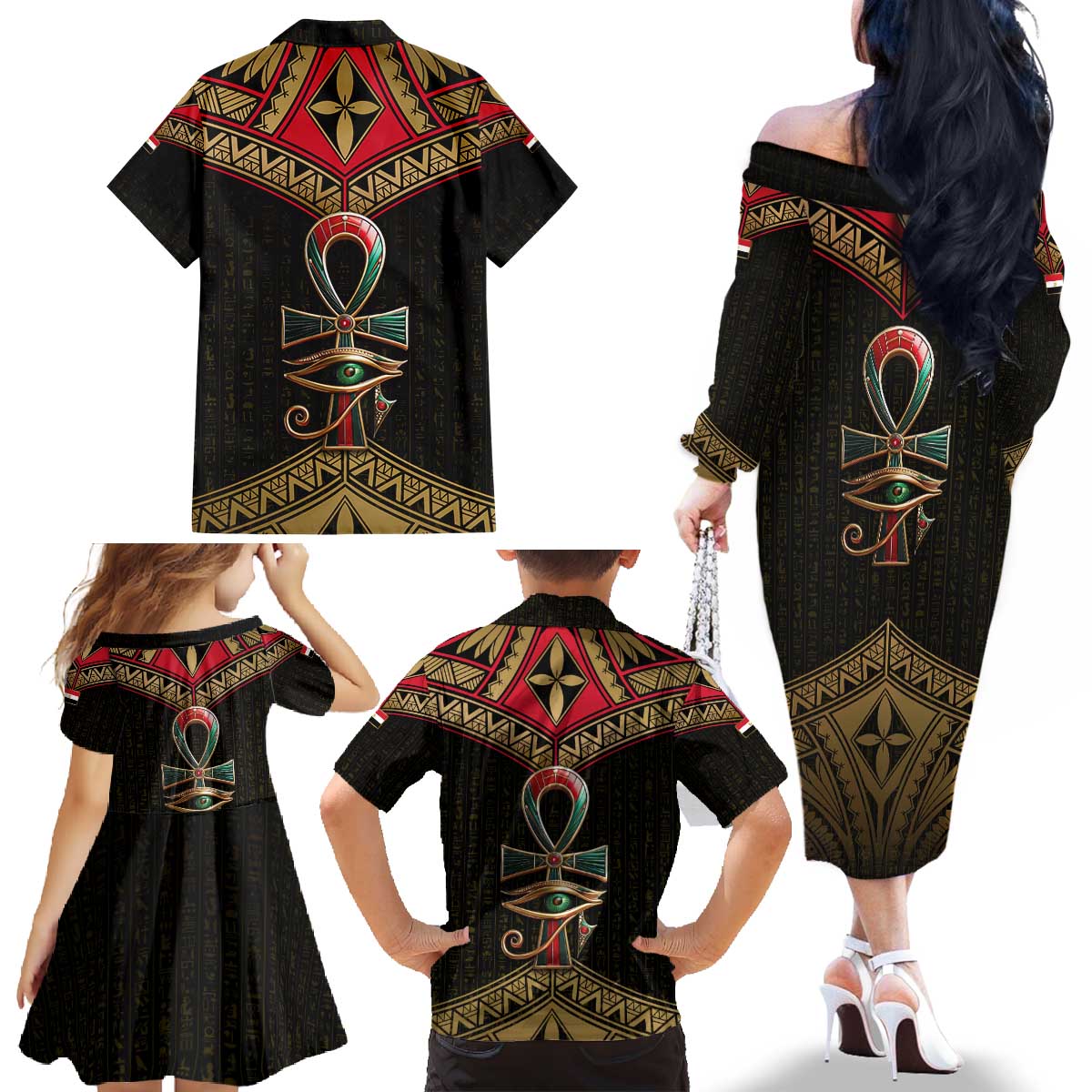 Ankh Eye of Horus Egypt Family Matching Off The Shoulder Long Sleeve Dress and Hawaiian Shirt with Ancient Black Gold Hieroglyph Spirit