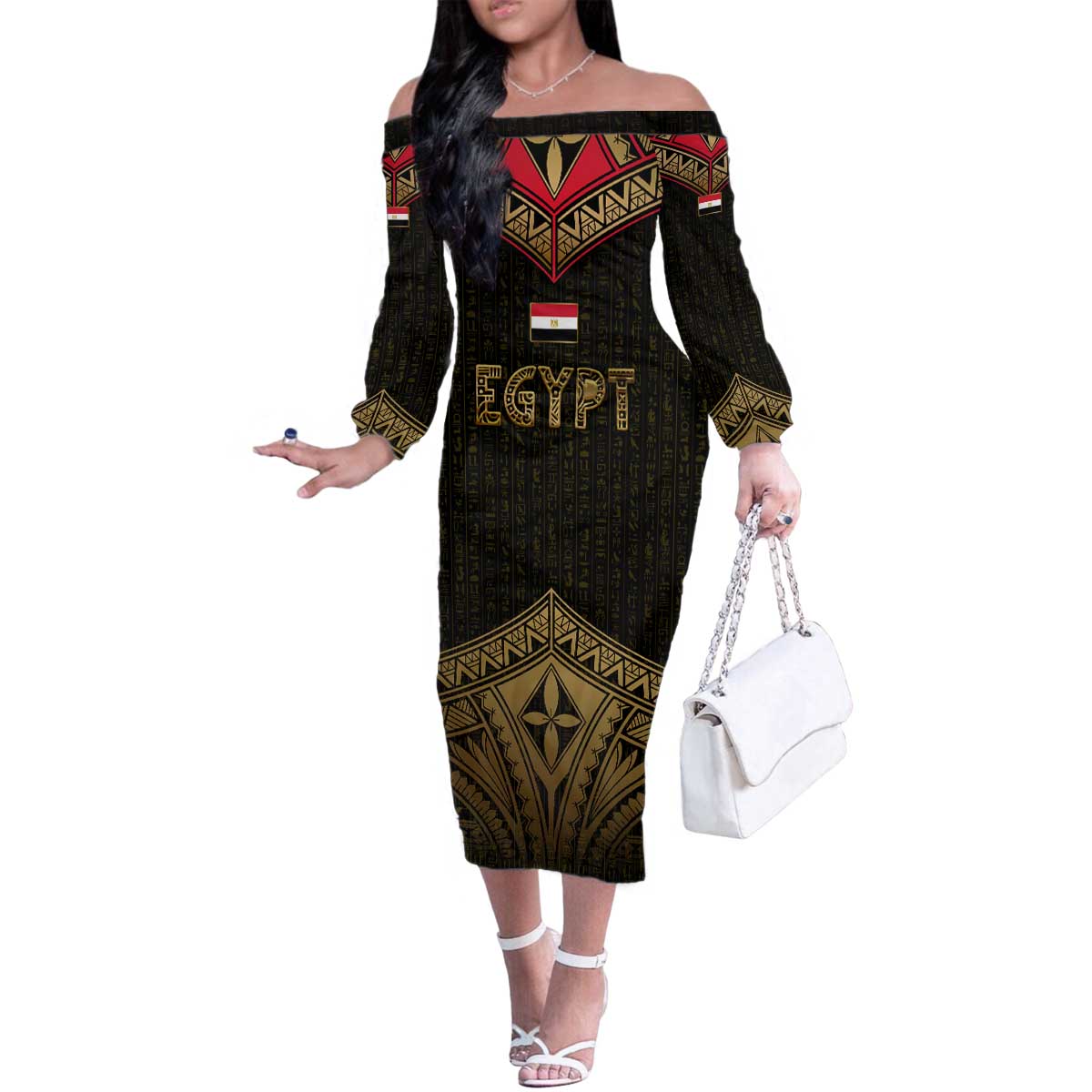 Ankh Eye of Horus Egypt Family Matching Off The Shoulder Long Sleeve Dress and Hawaiian Shirt with Ancient Black Gold Hieroglyph Spirit