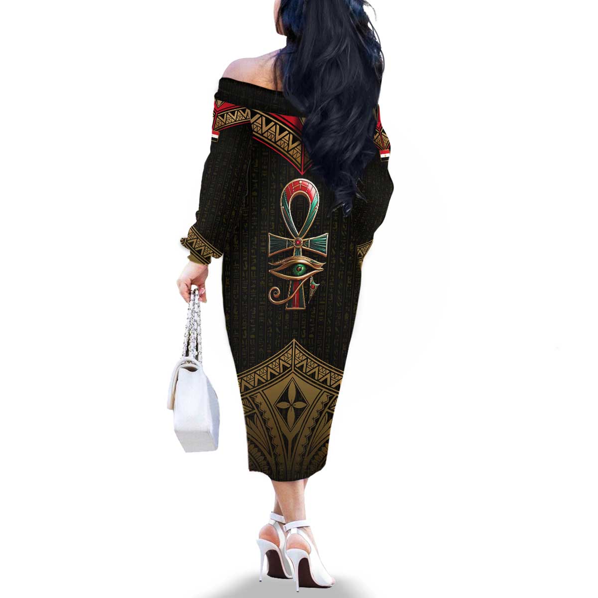 Ankh Eye of Horus Egypt Family Matching Off The Shoulder Long Sleeve Dress and Hawaiian Shirt with Ancient Black Gold Hieroglyph Spirit