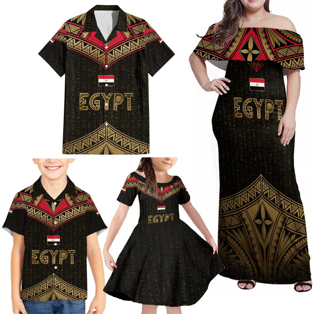 Ankh Eye of Horus Egypt Family Matching Off Shoulder Maxi Dress and Hawaiian Shirt with Ancient Black Gold Hieroglyph Spirit