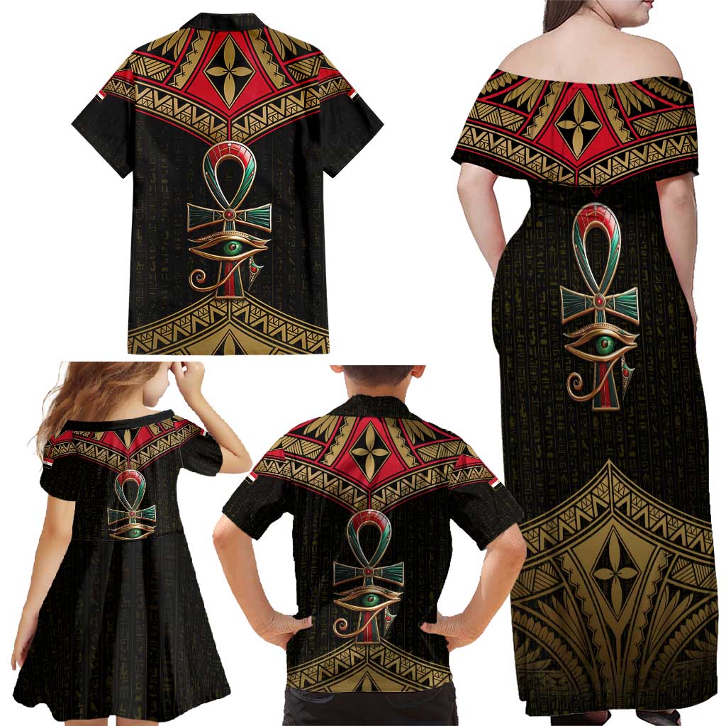 Ankh Eye of Horus Egypt Family Matching Off Shoulder Maxi Dress and Hawaiian Shirt with Ancient Black Gold Hieroglyph Spirit