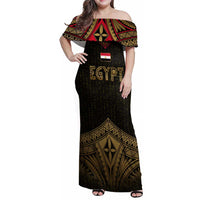 Ankh Eye of Horus Egypt Family Matching Off Shoulder Maxi Dress and Hawaiian Shirt with Ancient Black Gold Hieroglyph Spirit