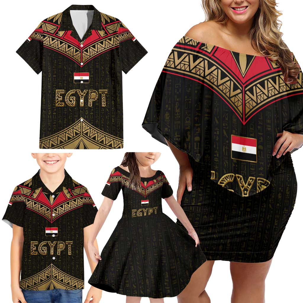 Ankh Eye of Horus Egypt Family Matching Off Shoulder Short Dress and Hawaiian Shirt with Ancient Black Gold Hieroglyph Spirit