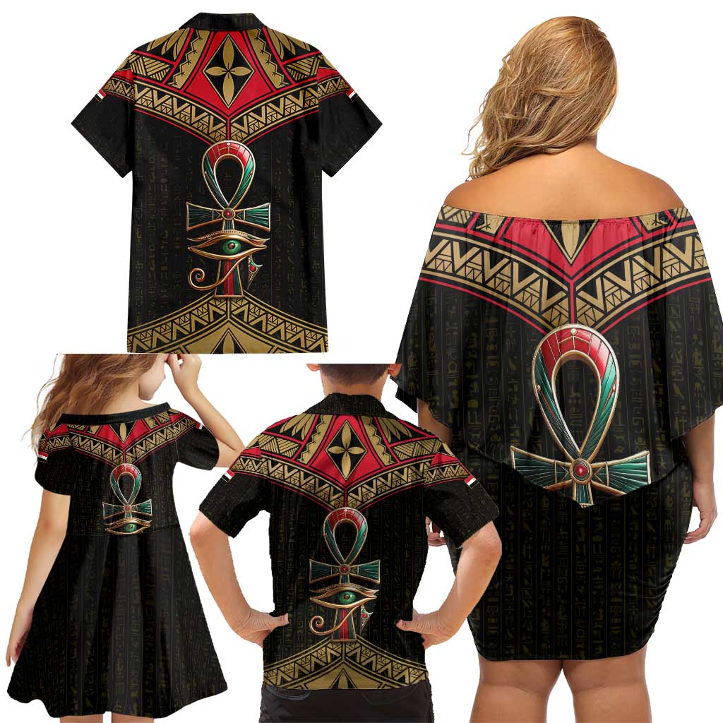 Ankh Eye of Horus Egypt Family Matching Off Shoulder Short Dress and Hawaiian Shirt with Ancient Black Gold Hieroglyph Spirit