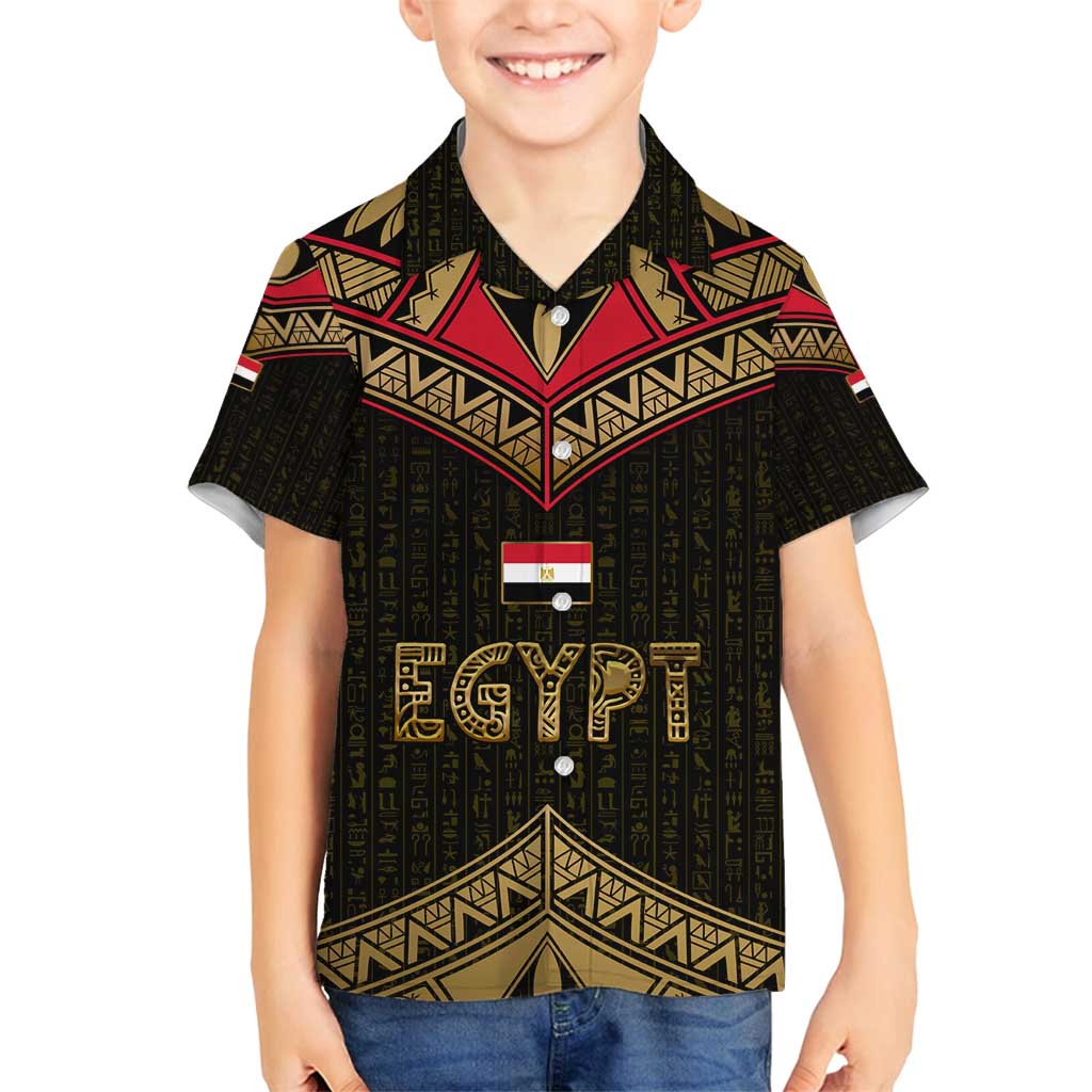 Ankh Eye of Horus Egypt Family Matching Off Shoulder Short Dress and Hawaiian Shirt with Ancient Black Gold Hieroglyph Spirit