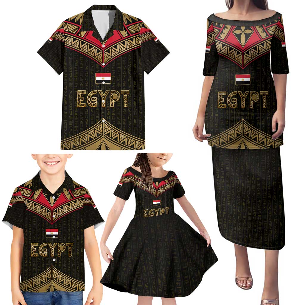 Ankh Eye of Horus Egypt Family Matching Puletasi and Hawaiian Shirt with Ancient Black Gold Hieroglyph Spirit