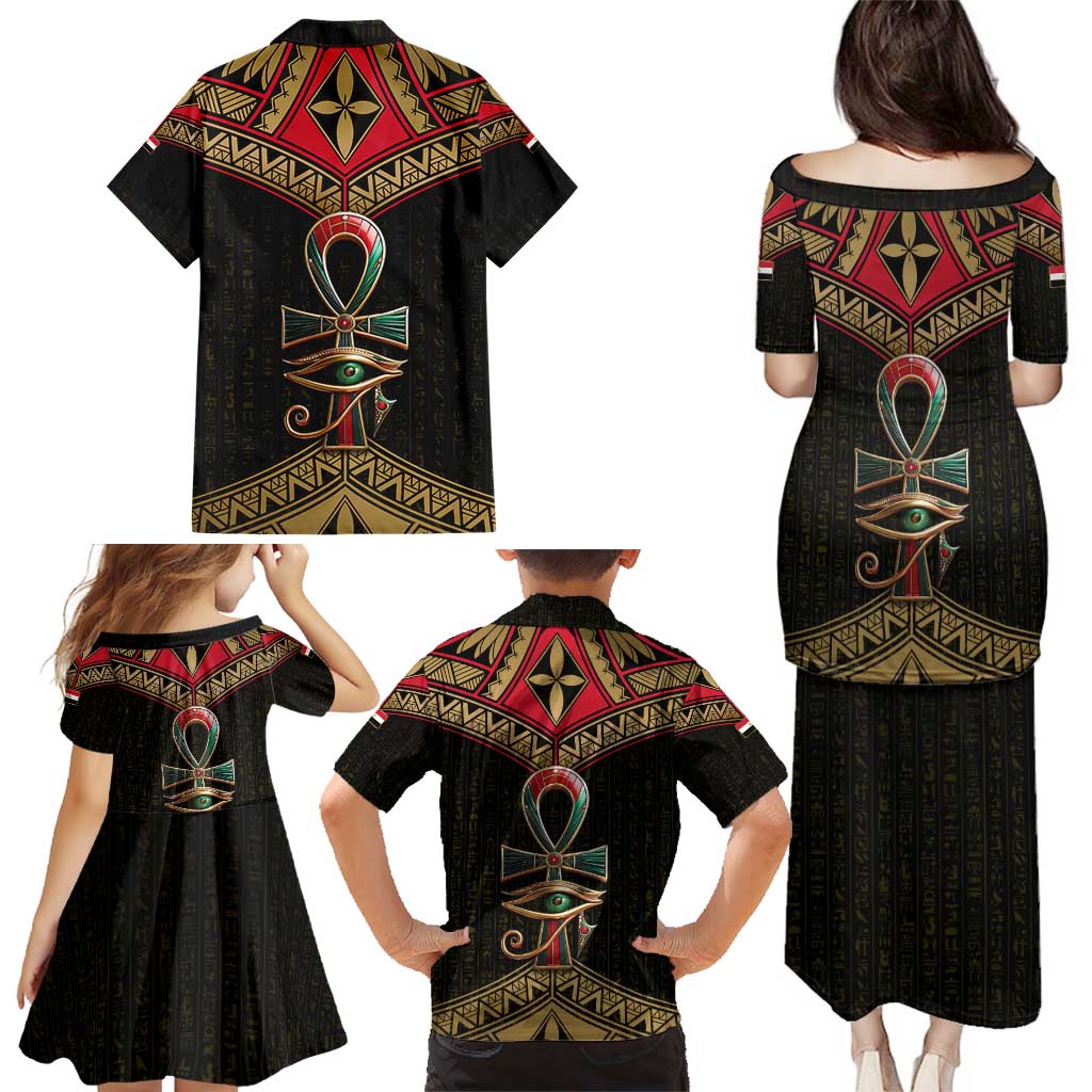 Ankh Eye of Horus Egypt Family Matching Puletasi and Hawaiian Shirt with Ancient Black Gold Hieroglyph Spirit