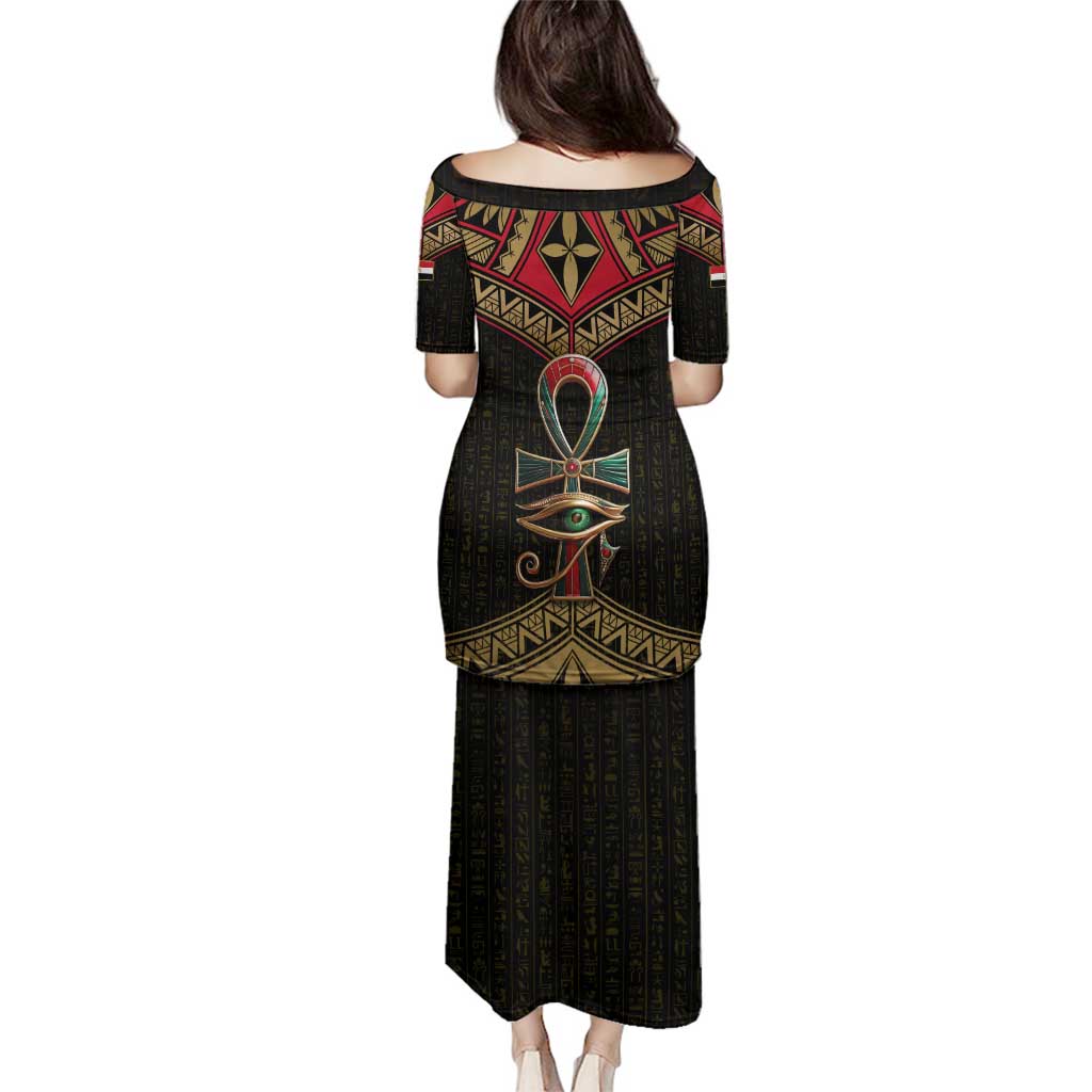 Ankh Eye of Horus Egypt Family Matching Puletasi and Hawaiian Shirt with Ancient Black Gold Hieroglyph Spirit