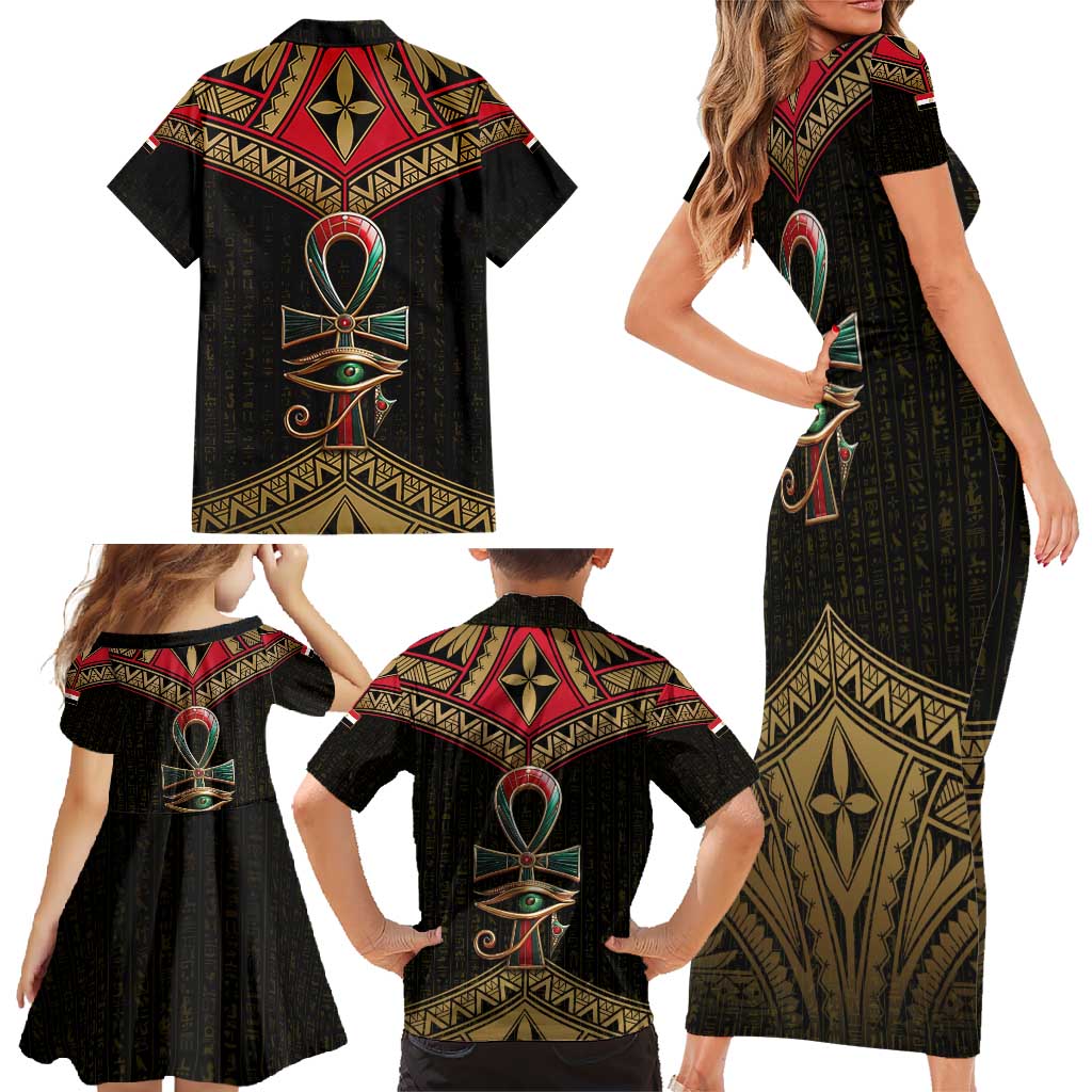 Ankh Eye of Horus Egypt Family Matching Short Sleeve Bodycon Dress and Hawaiian Shirt with Ancient Black Gold Hieroglyph Spirit