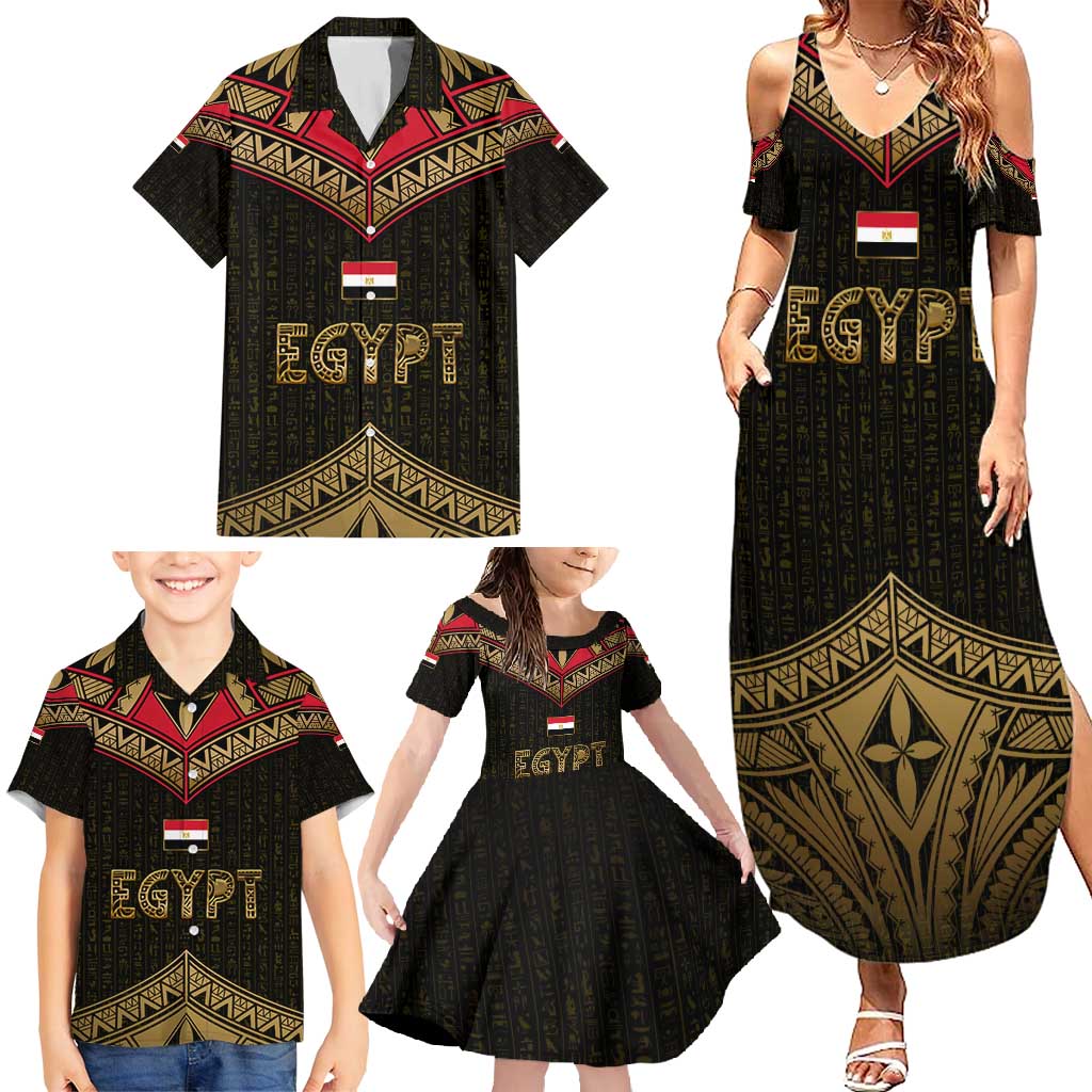 Ankh Eye of Horus Egypt Family Matching Summer Maxi Dress and Hawaiian Shirt with Ancient Black Gold Hieroglyph Spirit