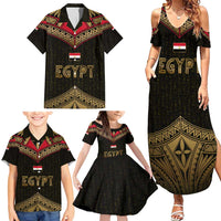 Ankh Eye of Horus Egypt Family Matching Summer Maxi Dress and Hawaiian Shirt with Ancient Black Gold Hieroglyph Spirit