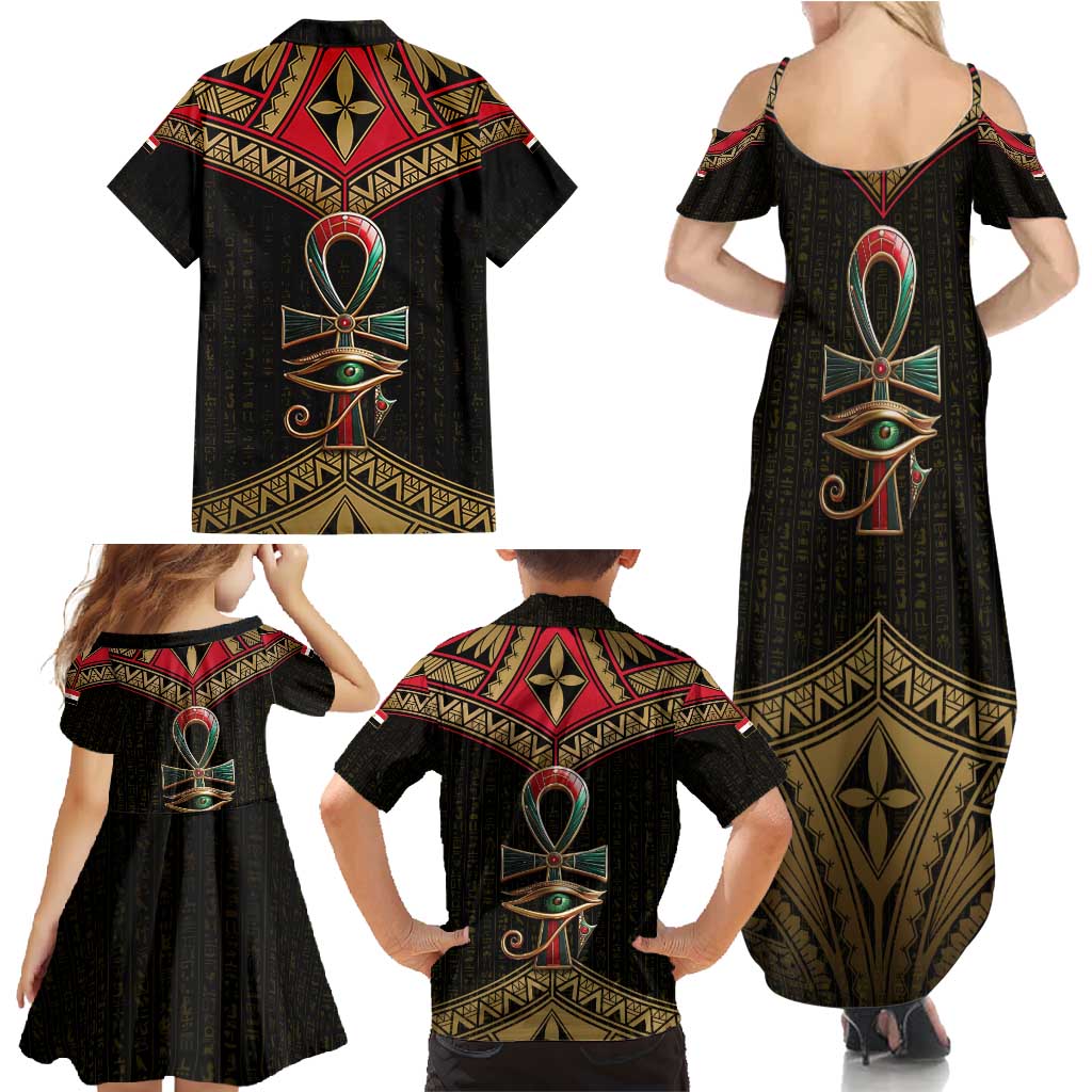 Ankh Eye of Horus Egypt Family Matching Summer Maxi Dress and Hawaiian Shirt with Ancient Black Gold Hieroglyph Spirit