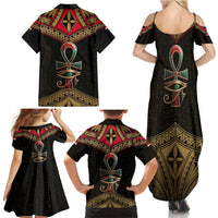 Ankh Eye of Horus Egypt Family Matching Summer Maxi Dress and Hawaiian Shirt with Ancient Black Gold Hieroglyph Spirit