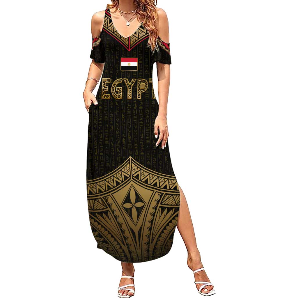 Ankh Eye of Horus Egypt Family Matching Summer Maxi Dress and Hawaiian Shirt with Ancient Black Gold Hieroglyph Spirit