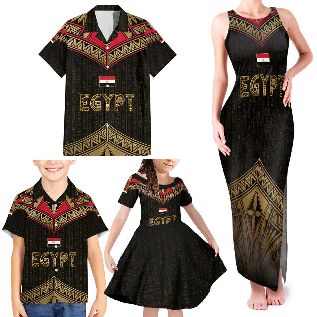 Ankh Eye of Horus Egypt Family Matching Tank Maxi Dress and Hawaiian Shirt with Ancient Black Gold Hieroglyph Spirit