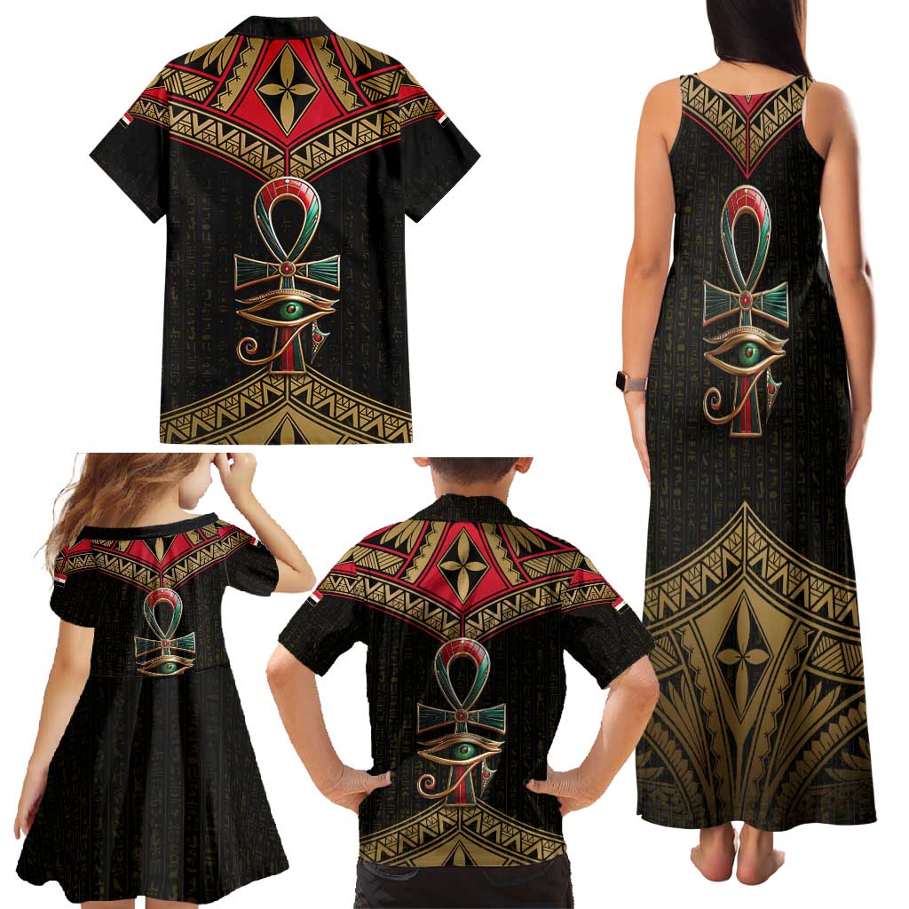 Ankh Eye of Horus Egypt Family Matching Tank Maxi Dress and Hawaiian Shirt with Ancient Black Gold Hieroglyph Spirit