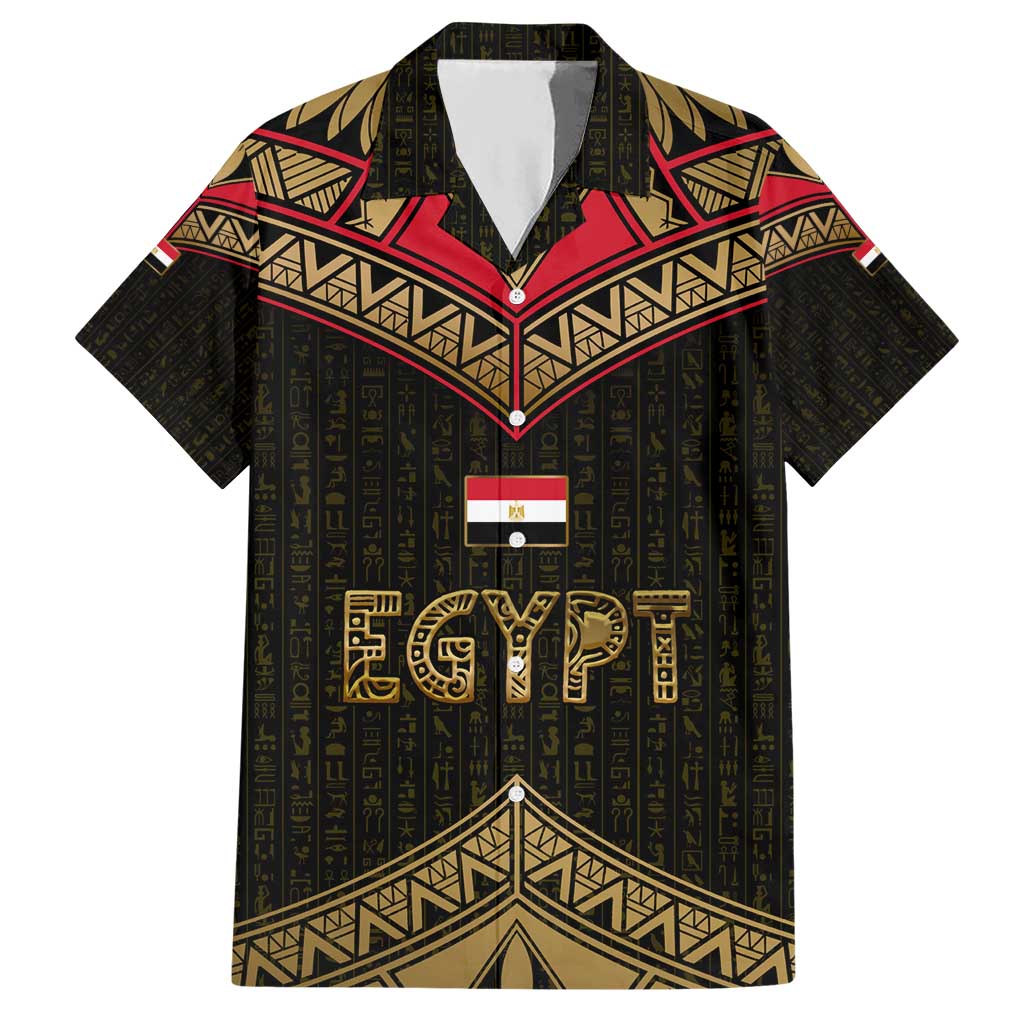 Ankh Eye of Horus Egypt Hawaiian Shirt with Ancient Black Gold Hieroglyph Spirit