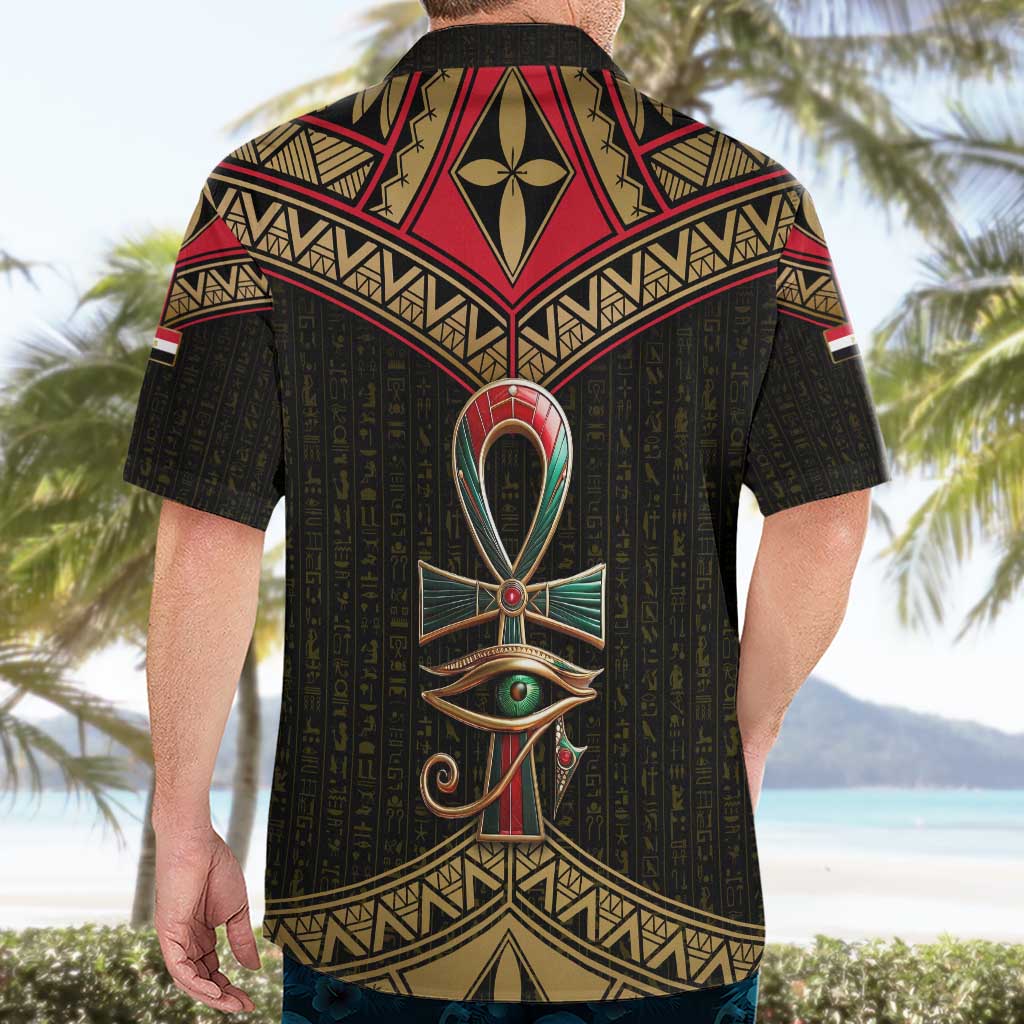 Ankh Eye of Horus Egypt Hawaiian Shirt with Ancient Black Gold Hieroglyph Spirit