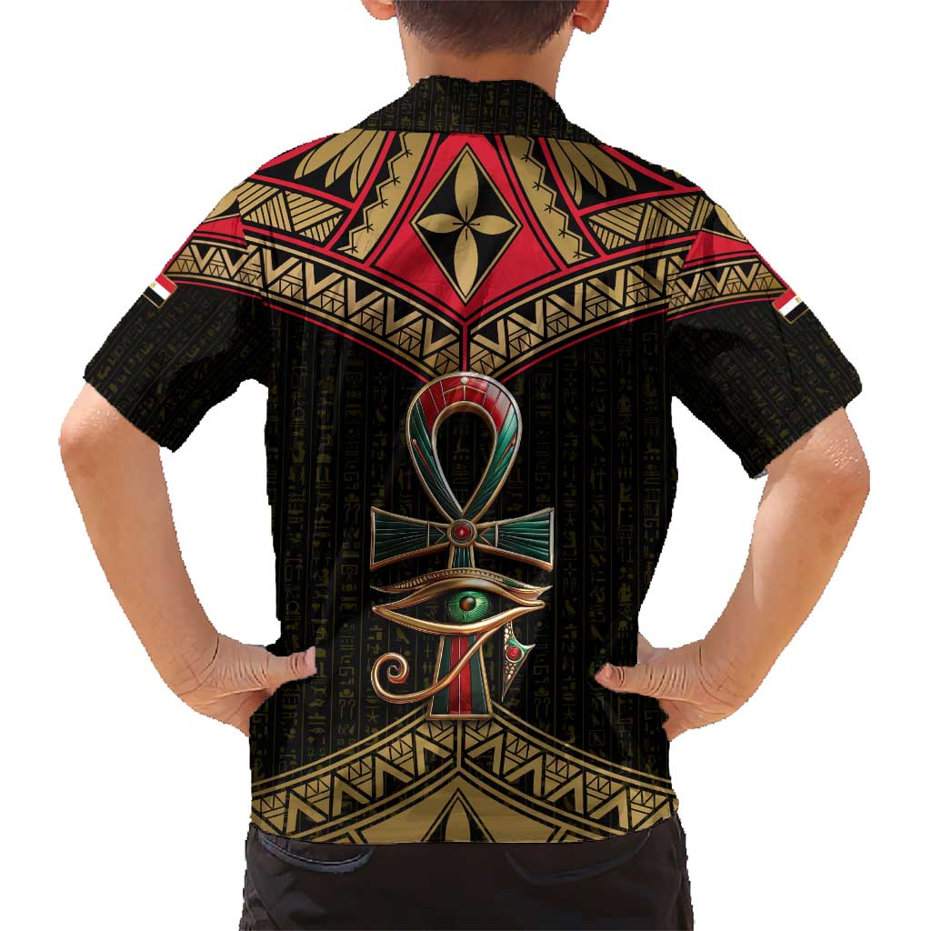 Ankh Eye of Horus Egypt Hawaiian Shirt with Ancient Black Gold Hieroglyph Spirit