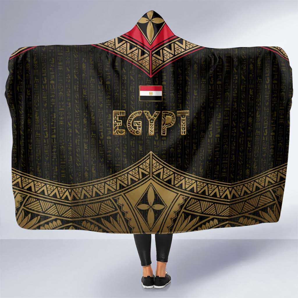 Ankh Eye of Horus Egypt Hooded Blanket with Ancient Black Gold Hieroglyph Spirit