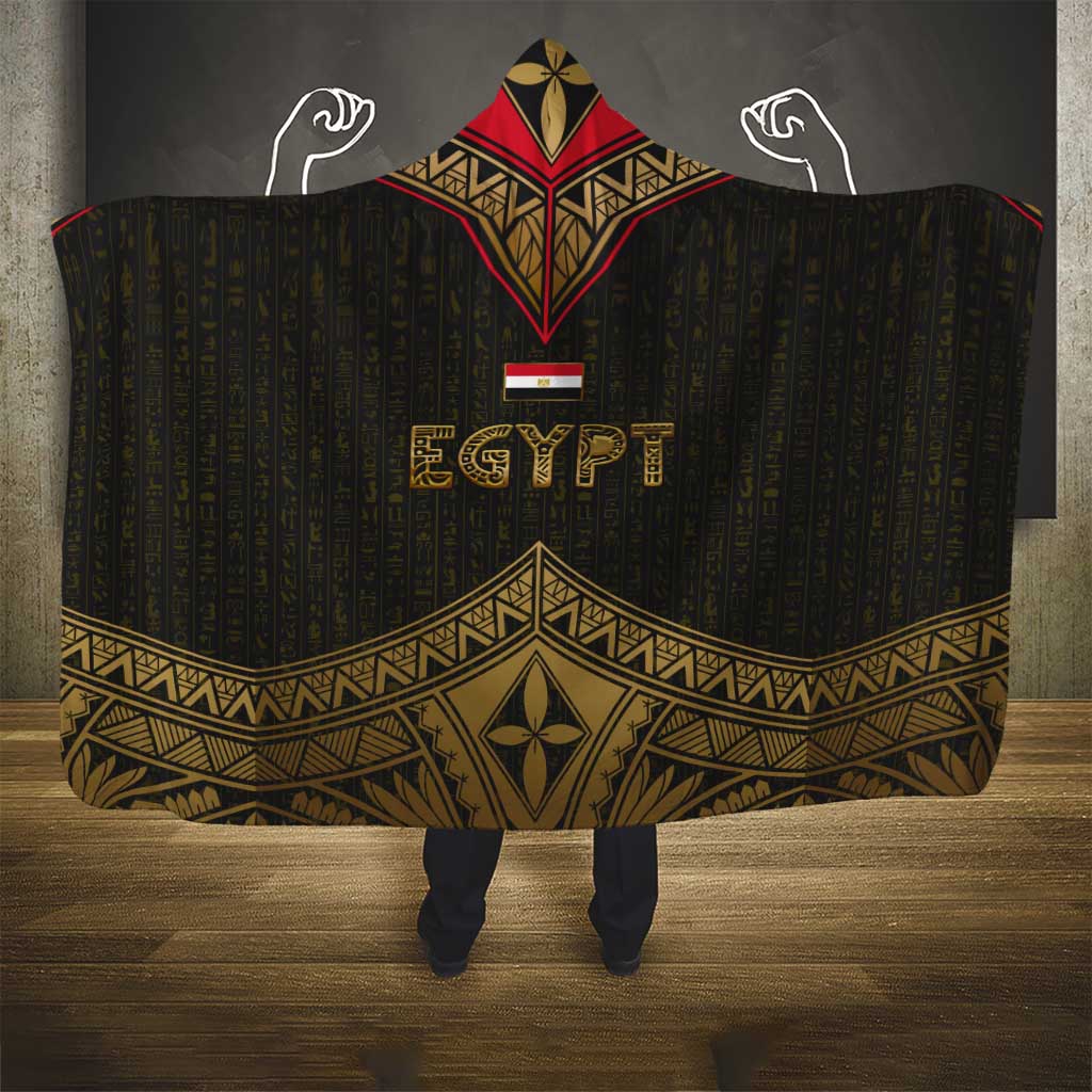 Ankh Eye of Horus Egypt Hooded Blanket with Ancient Black Gold Hieroglyph Spirit