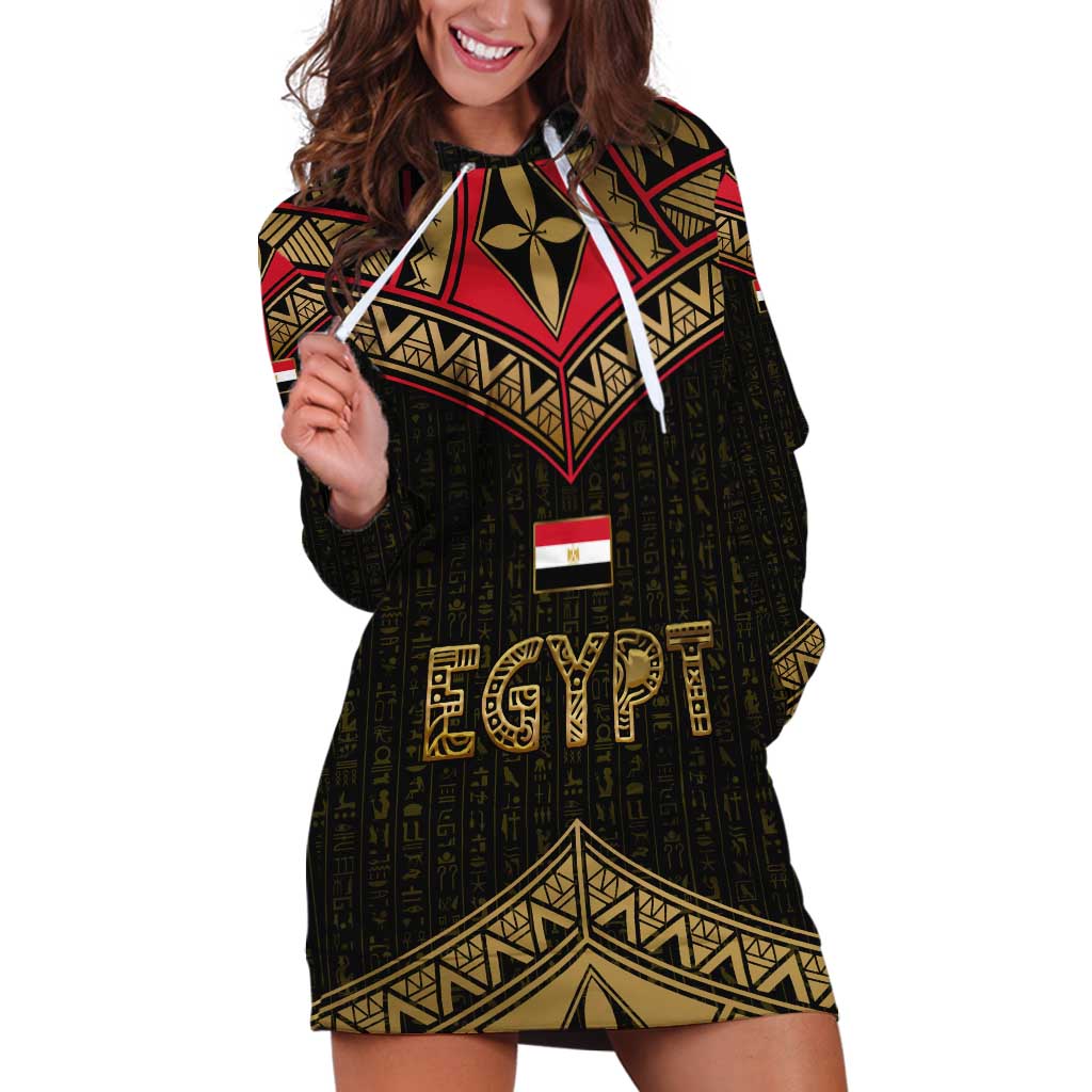 Ankh Eye of Horus Egypt Hoodie Dress with Ancient Black Gold Hieroglyph Spirit