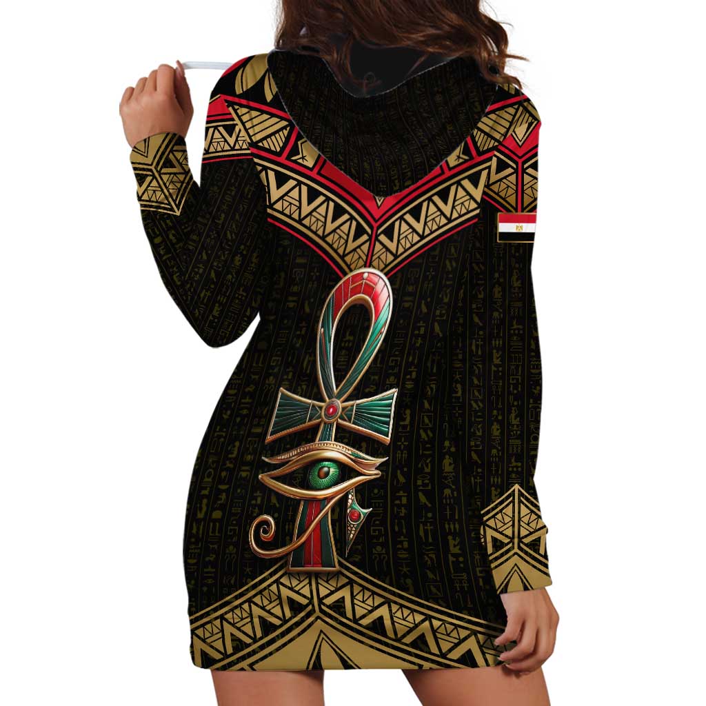 Ankh Eye of Horus Egypt Hoodie Dress with Ancient Black Gold Hieroglyph Spirit