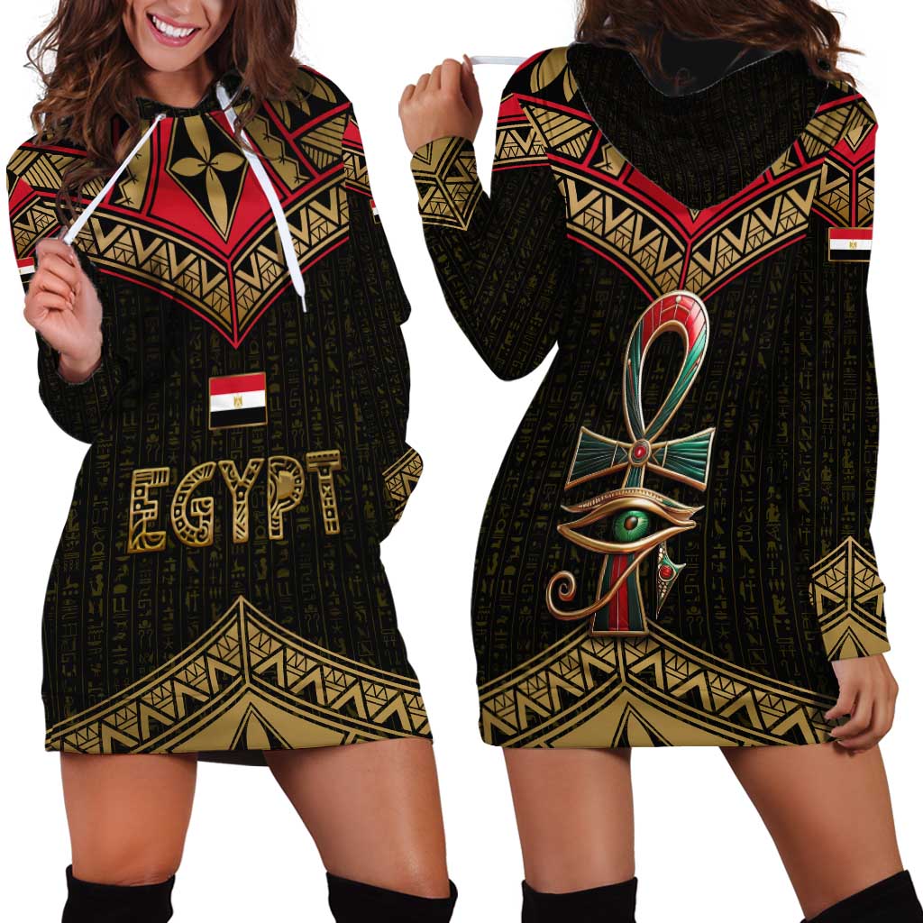 Ankh Eye of Horus Egypt Hoodie Dress with Ancient Black Gold Hieroglyph Spirit