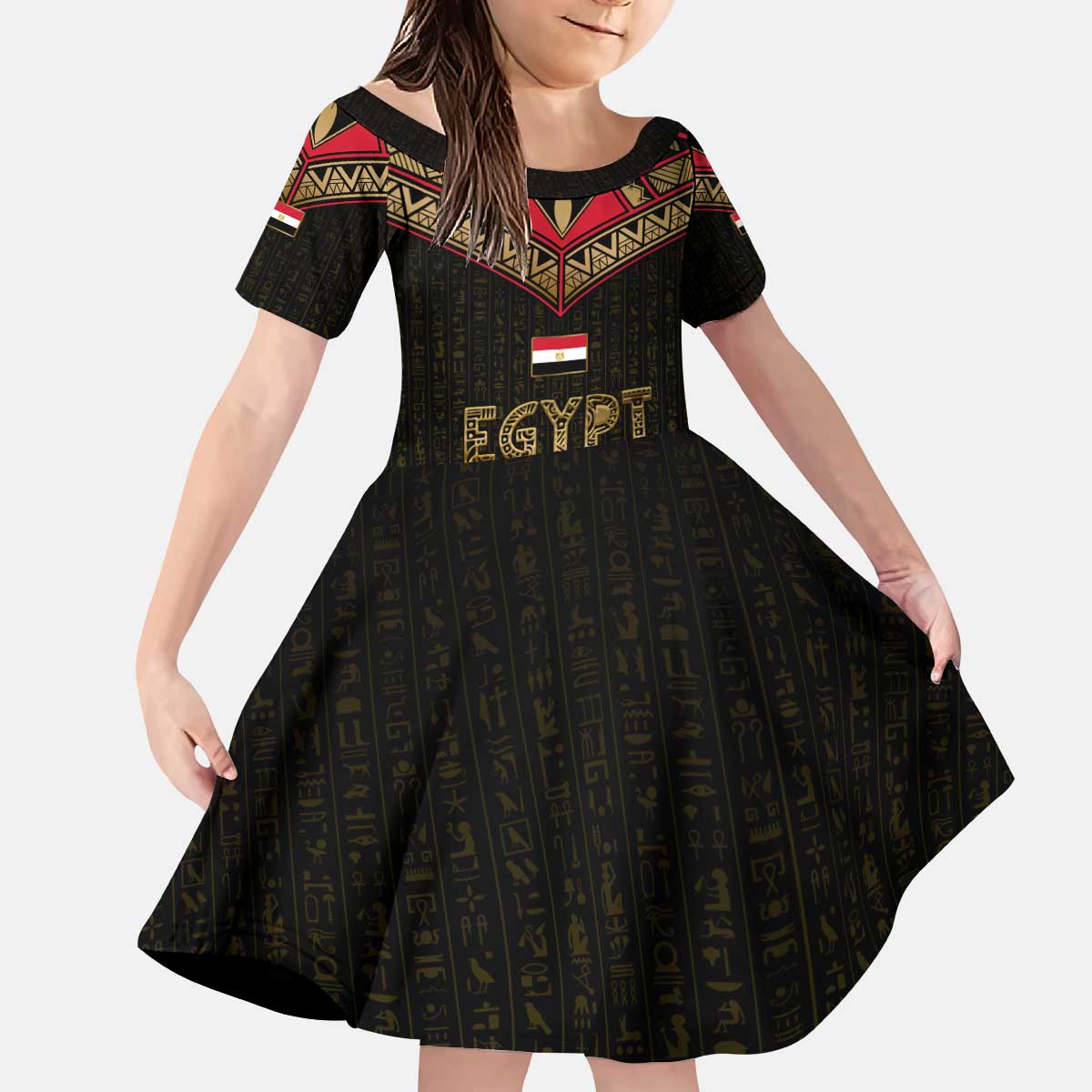Ankh Eye of Horus Egypt Kid Short Sleeve Dress with Ancient Black Gold Hieroglyph Spirit
