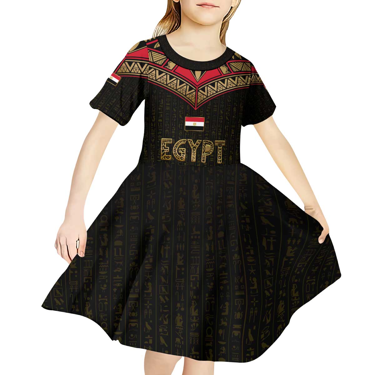 Ankh Eye of Horus Egypt Kid Short Sleeve Dress with Ancient Black Gold Hieroglyph Spirit