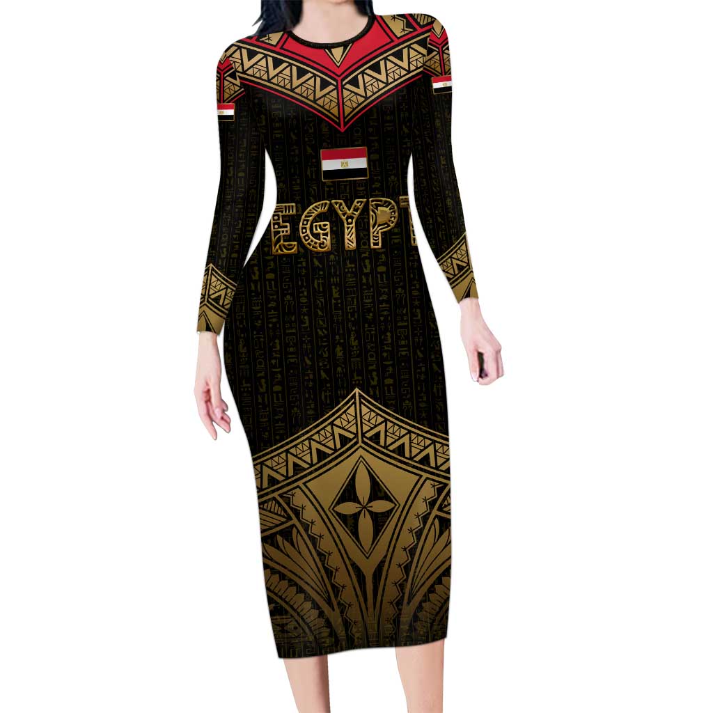Ankh Eye of Horus Egypt Long Sleeve Bodycon Dress with Ancient Black Gold Hieroglyph Spirit