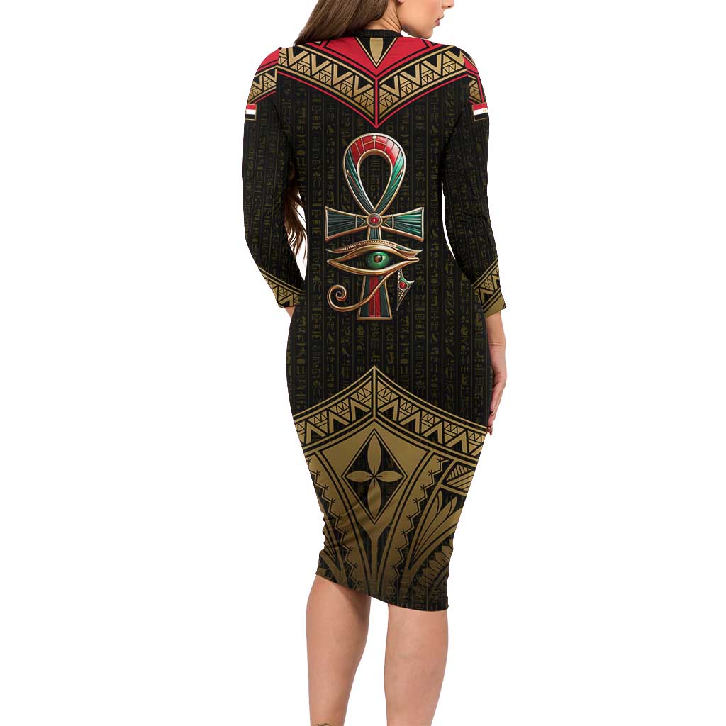 Ankh Eye of Horus Egypt Long Sleeve Bodycon Dress with Ancient Black Gold Hieroglyph Spirit